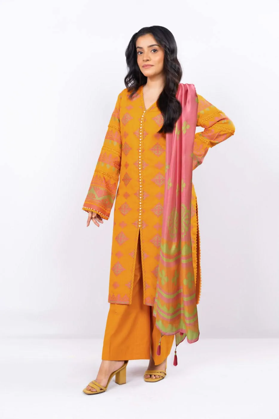 3 Pc Dyed Jacquard Suit With Printed Masoori Dupatta