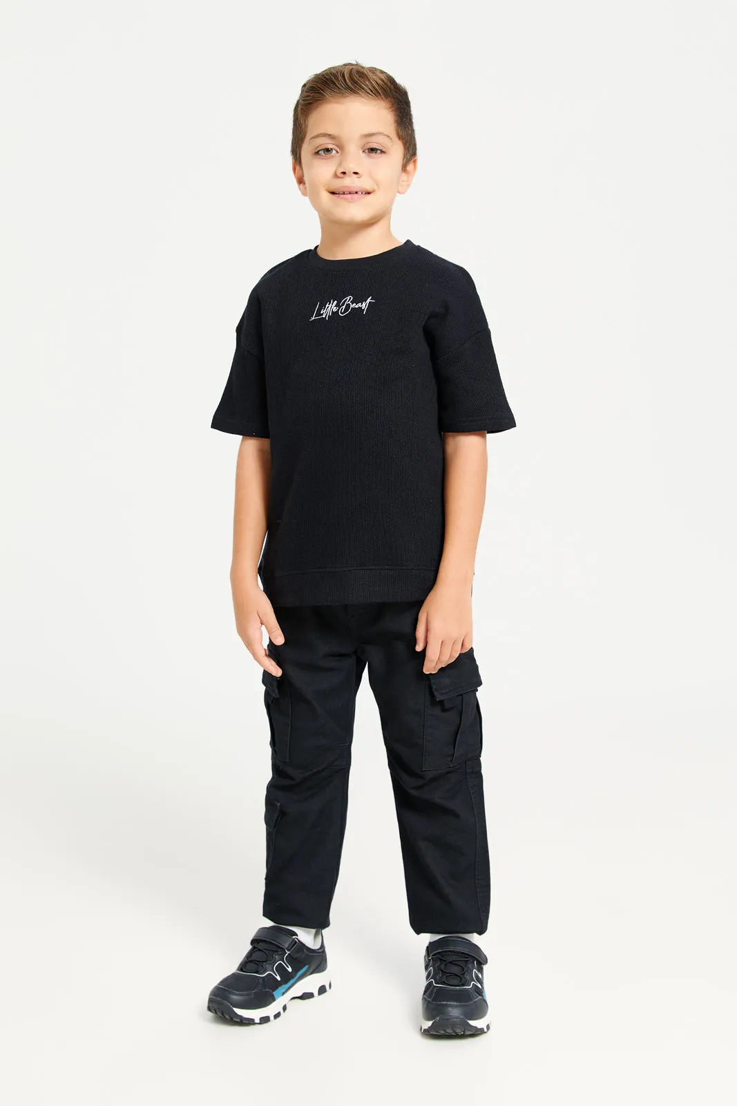 Boys Black Jacquard T-Shirt