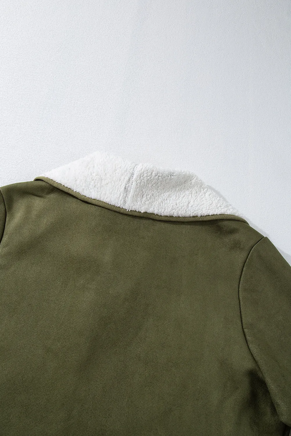 Green Faux Suede Fleece Lined Open Front Jacket