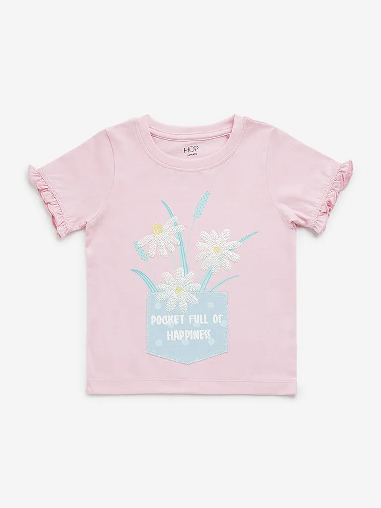 HOP Kids Pink Floral Embroidered Cotton T-Shirt