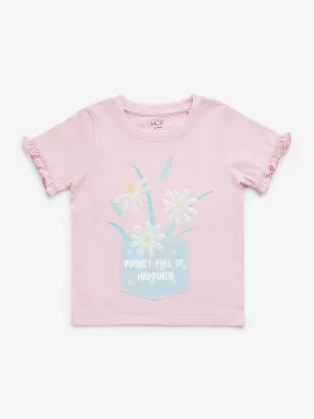 HOP Kids Pink Floral Embroidered Cotton T-Shirt