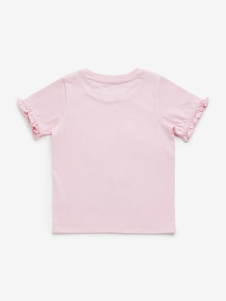 HOP Kids Pink Floral Embroidered Cotton T-Shirt