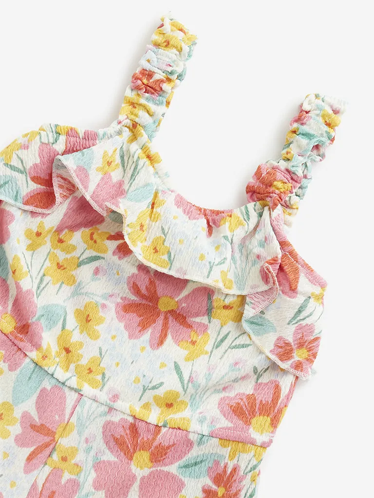 HOP Kids Pink Floral Printed Jumpsuit