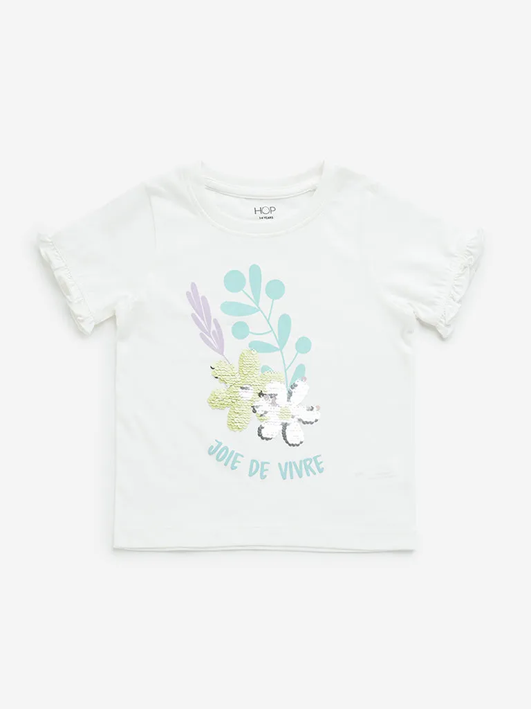 HOP Kids White Floral Embellished Cotton T-Shirt