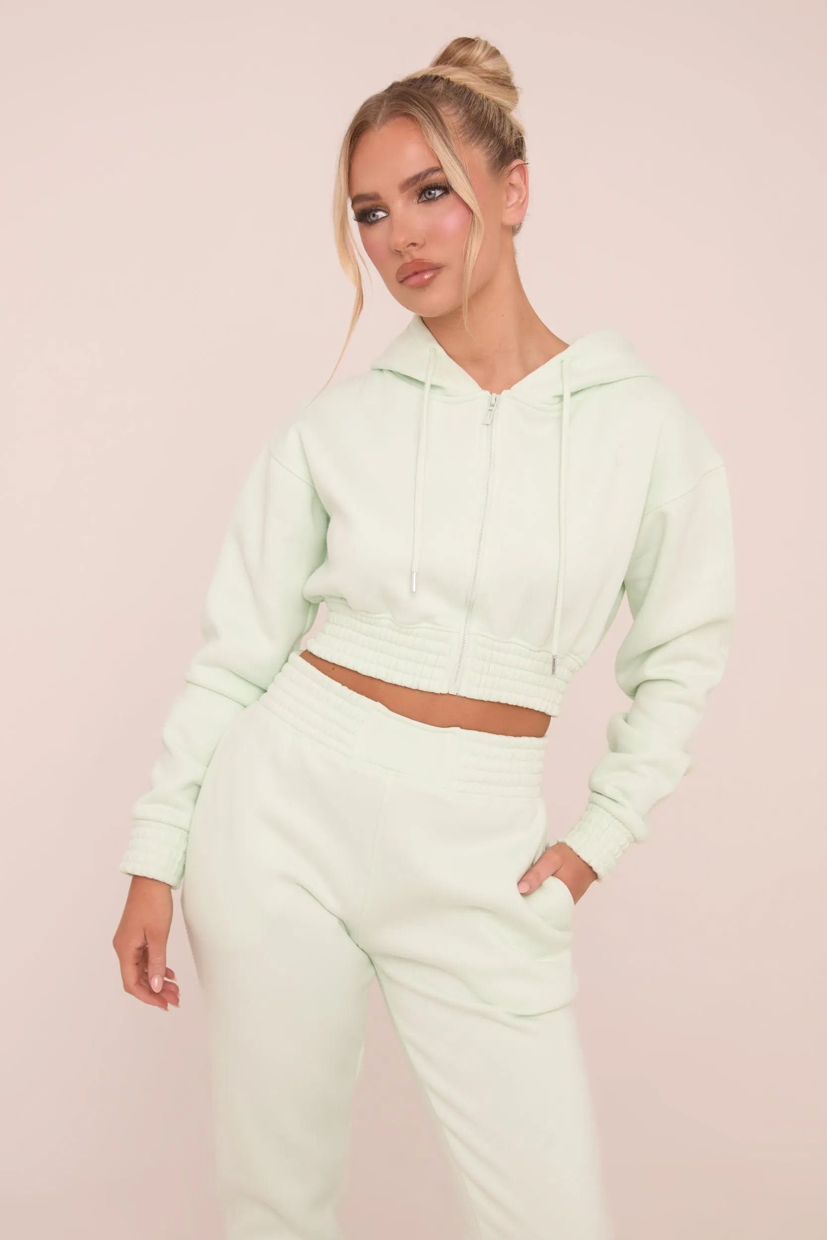 Mint Zip Front Elasticated Detail Loungewear Co-ord Set - Carmel