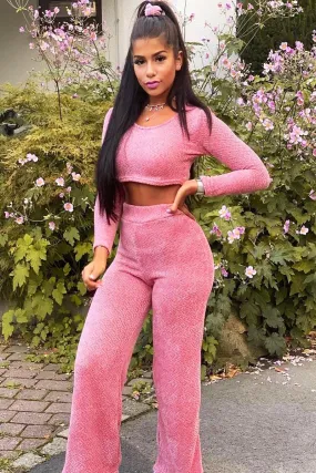 Pink Velour Crop Top Wide Leg Trouser Co-Ord - Salina