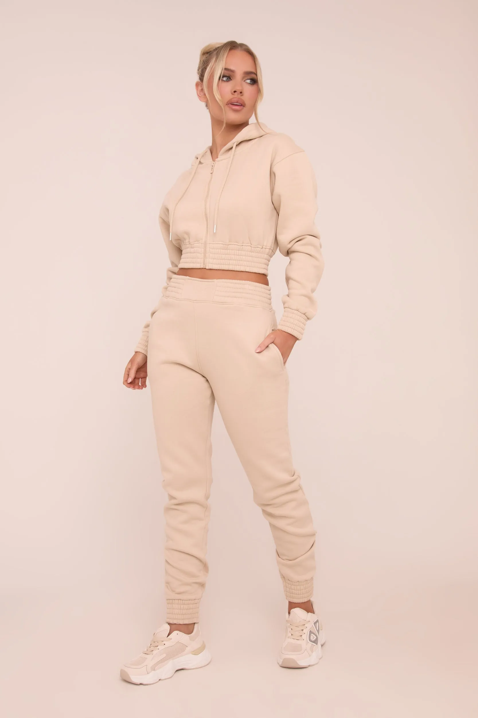 Stone Zip Front Elasticated Detail Loungewear Co-ord Set - Carmel