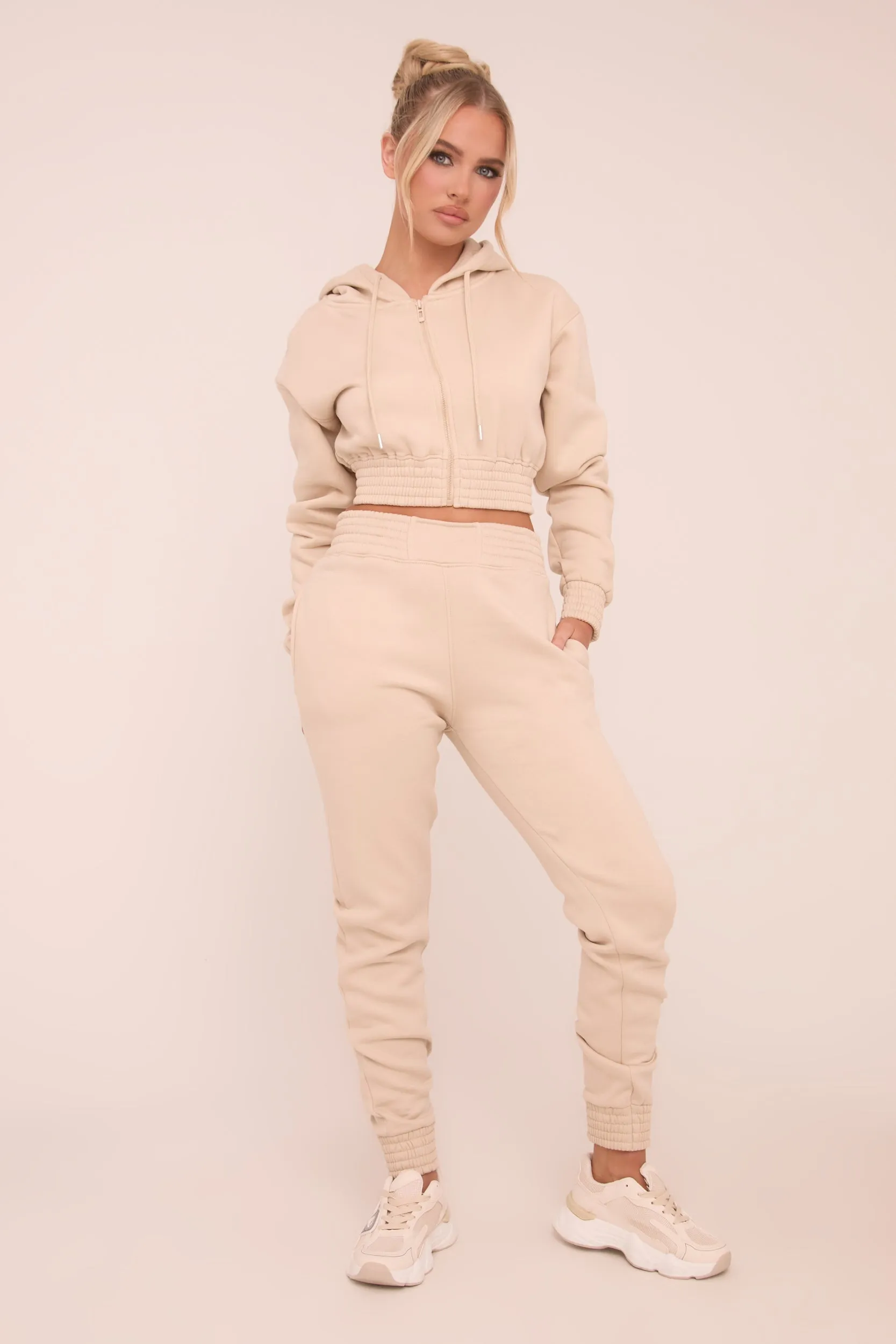 Stone Zip Front Elasticated Detail Loungewear Co-ord Set - Carmel