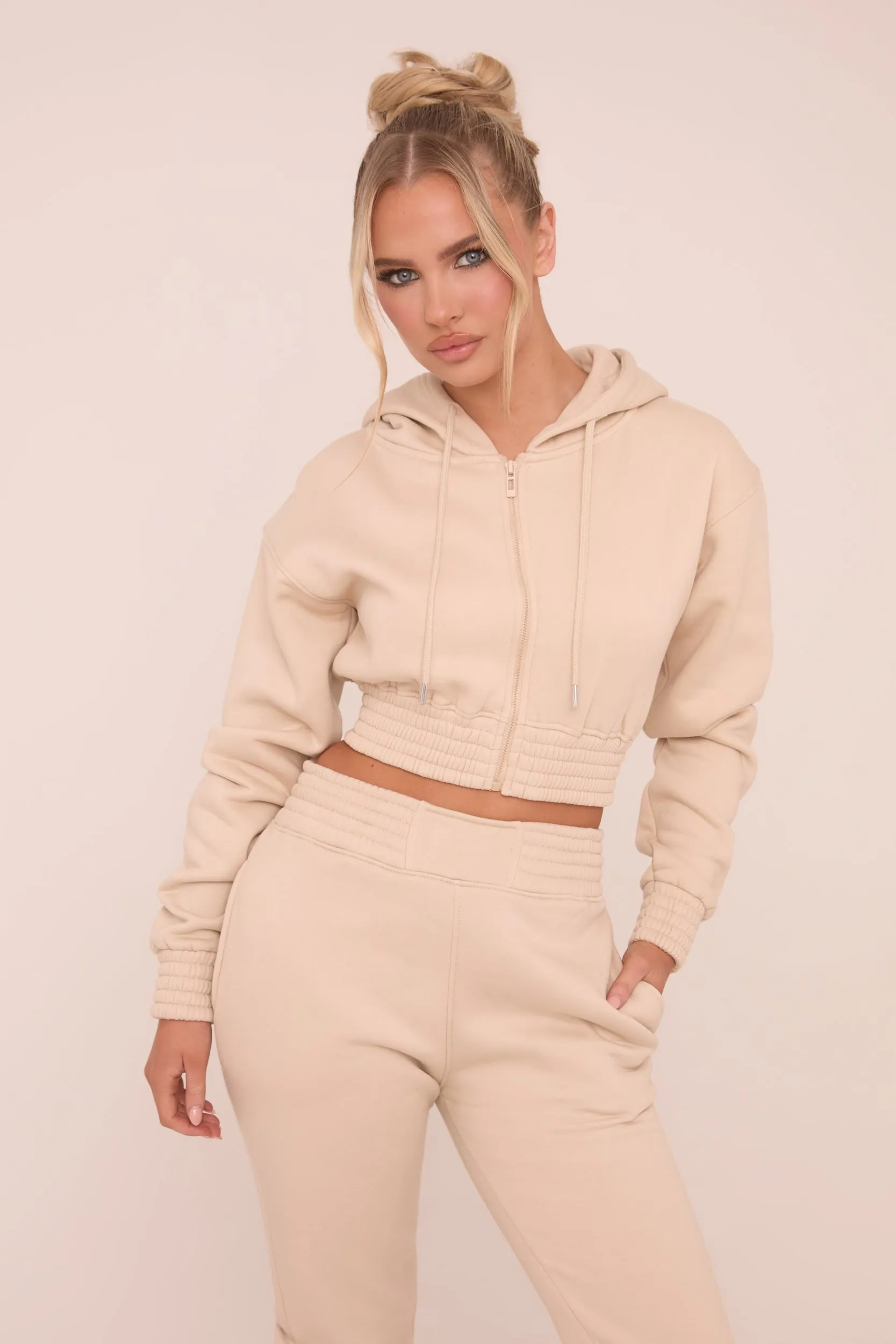 Stone Zip Front Elasticated Detail Loungewear Co-ord Set - Carmel